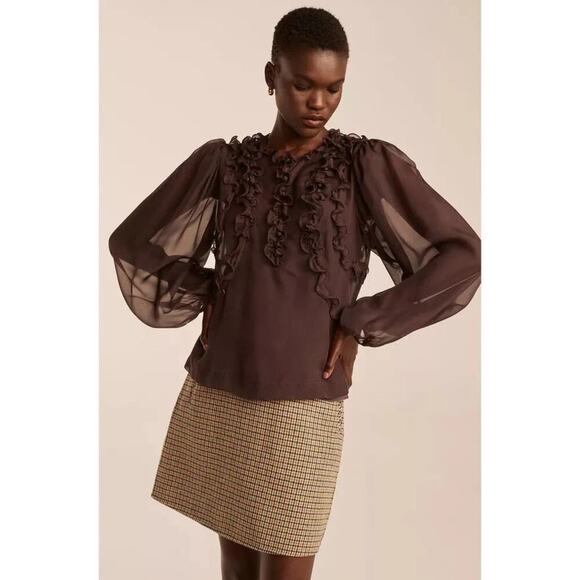 Rebecca Taylor Cabernet Silk Top With Ruffles Womens Size 16 - Picture 1 of 11